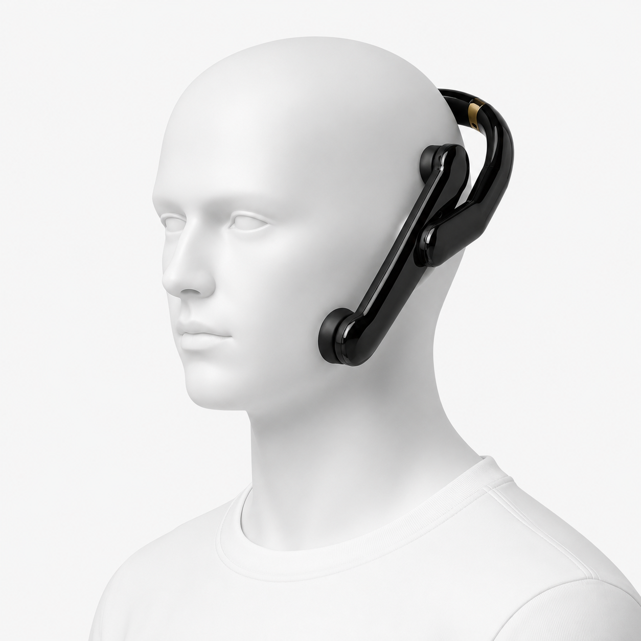 Illustrative mannequin render of ACHELESS worn with contacts near the temple and jaw areas